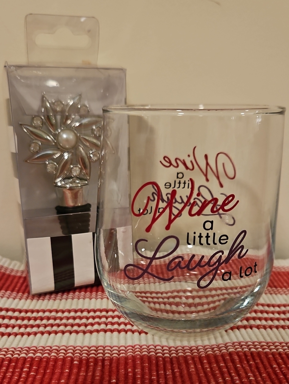 Stemless Wine Glass and NIB Bling Bottle Stopper